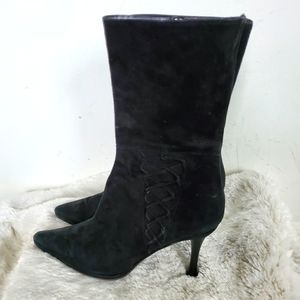Via Spiga Black Suede Pointy Toe Lace Side Boots 8